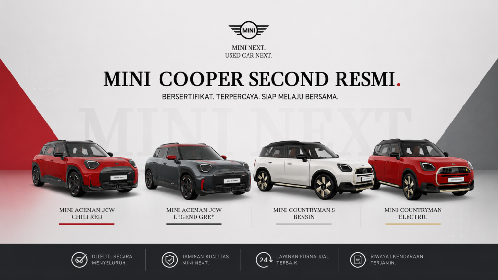 Thumbnail MINI Cooper second resmi menampilkan MINI Aceman JCW Chili Red, MINI Aceman JCW Legend Grey, MINI Countryman S bensin, dan MINI Countryman Electric bersertifikat MINI NEXT.
